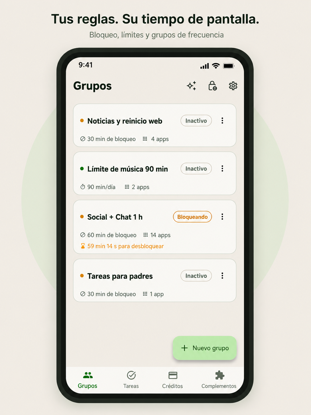 Pantalla de grupos con Bloqueo nocturno, Límite de YouTube, Frecuencia de TikTok y Juegos de fin de semana