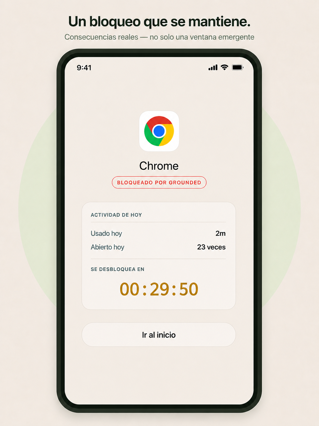Pantalla de bloqueo con Chrome bloqueado y cuenta atrás