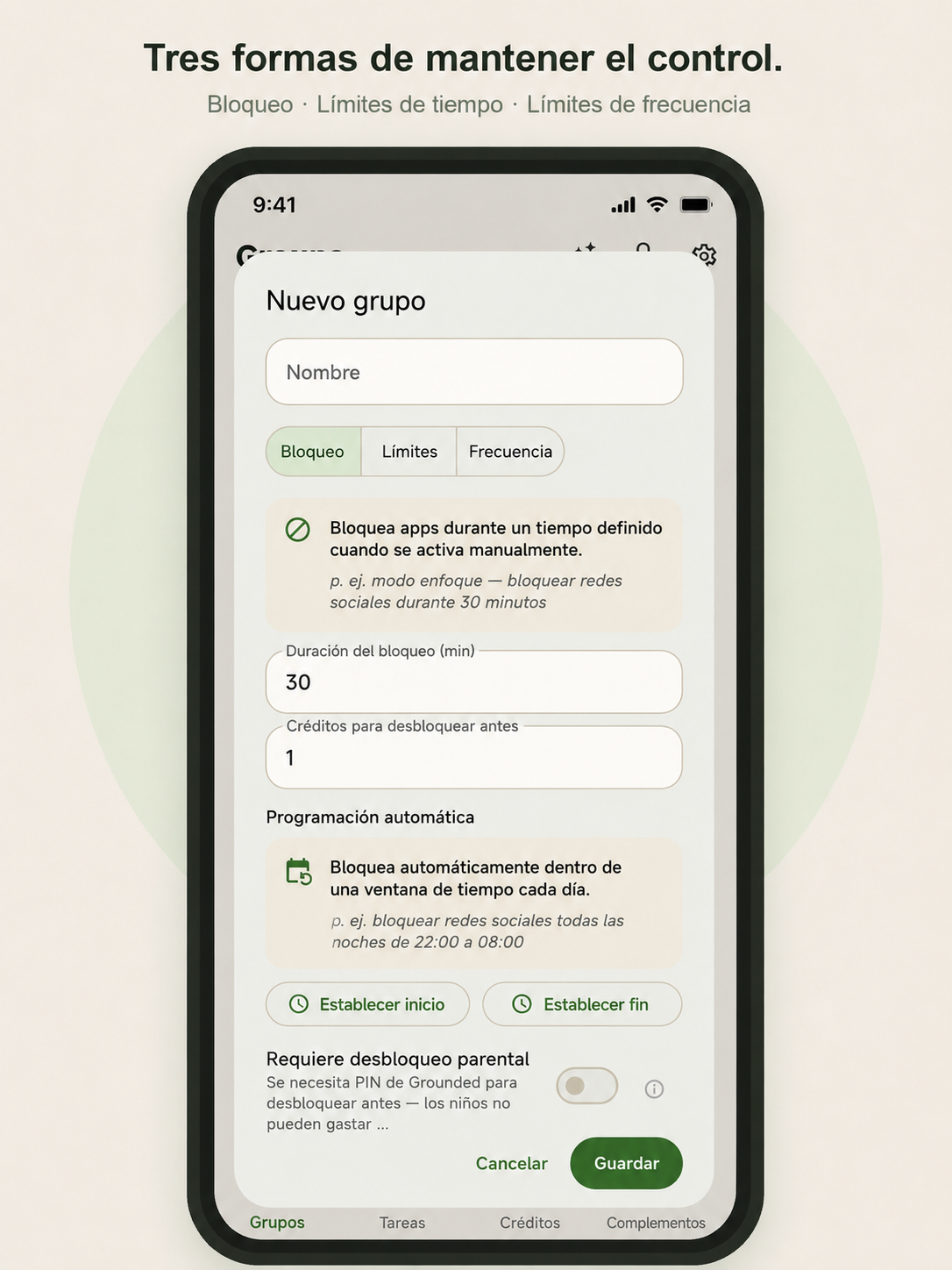 Formulario de nuevo grupo con pestañas Bloqueo, Tiempo y Frecuencia