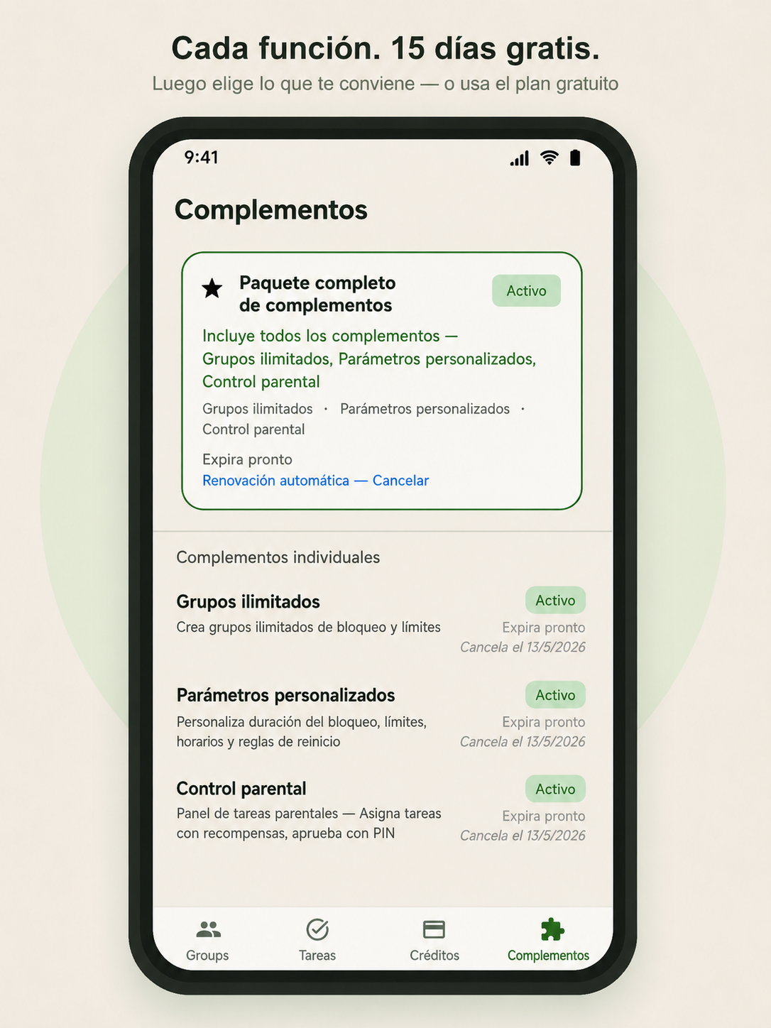 Pantalla de add-ons con paquete y opciones individuales