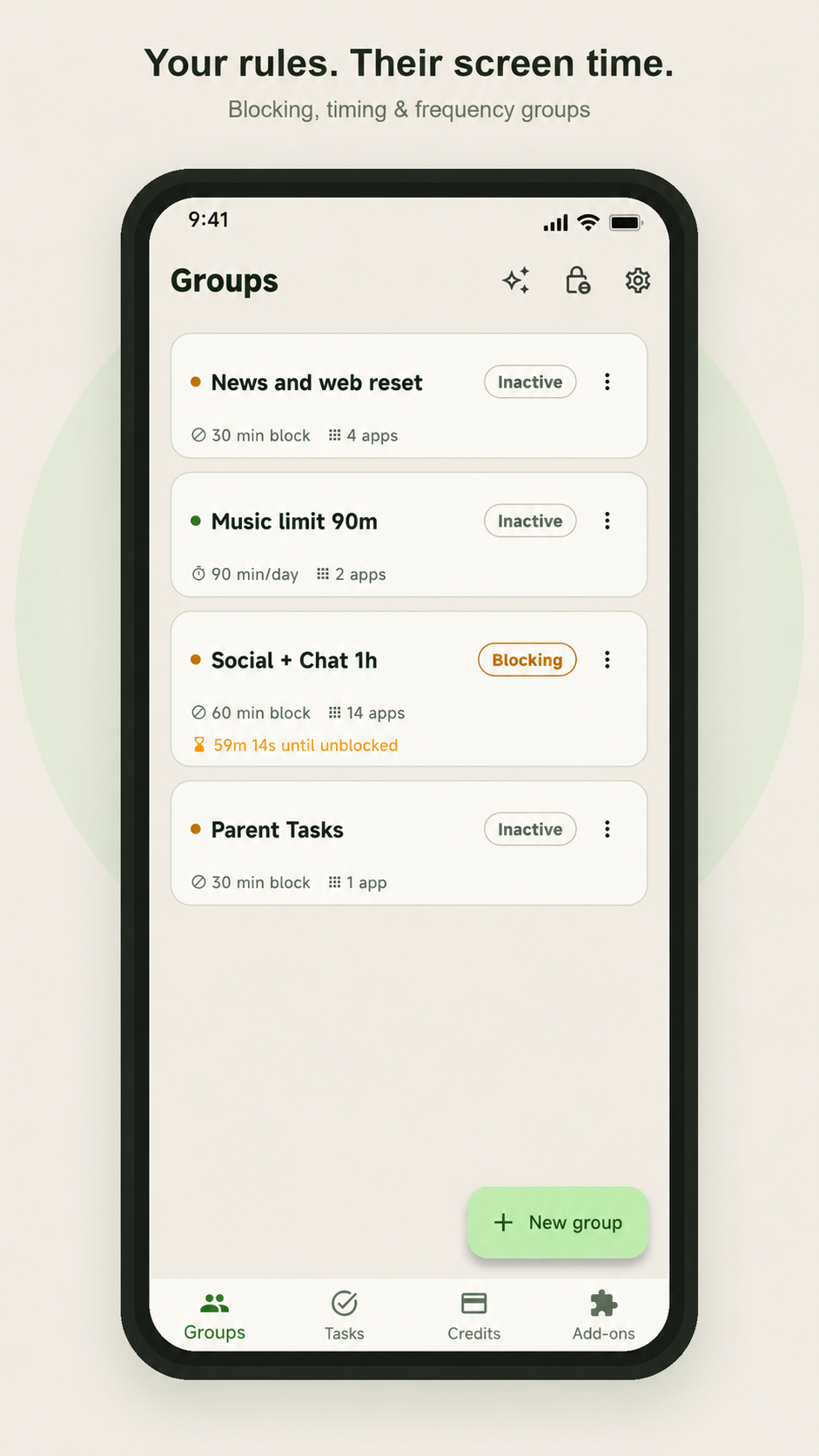 Groups screen with Late Night Block, YouTube Limit, TikTok Frequency and Games Weekend