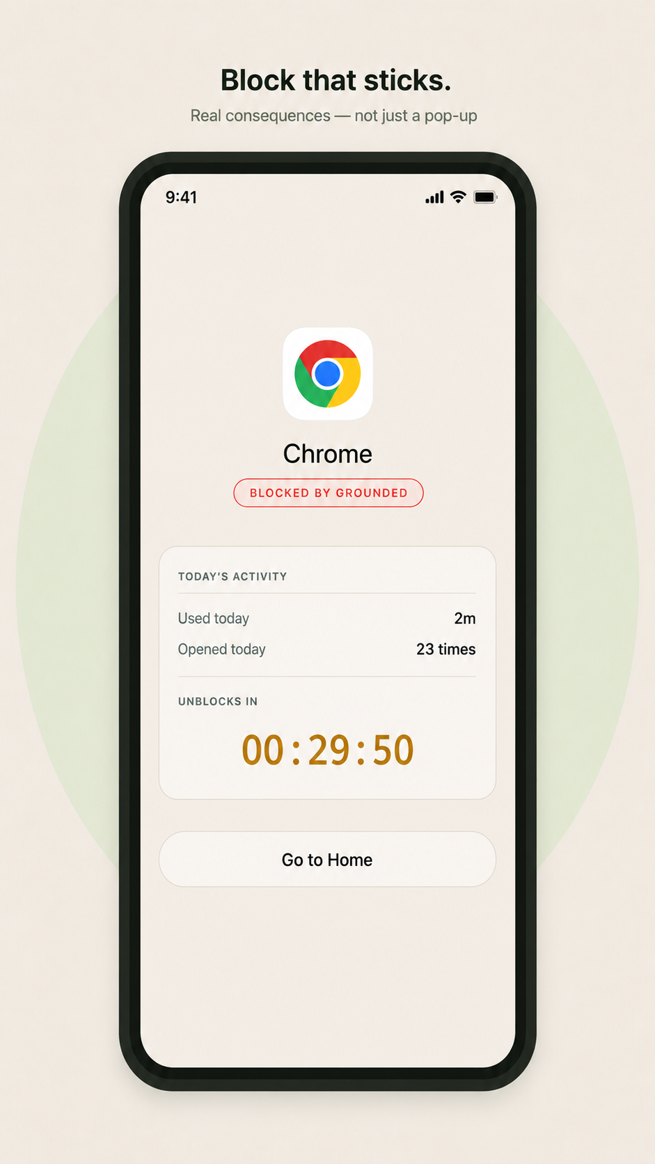 Block screen showing Chrome blocked with countdown