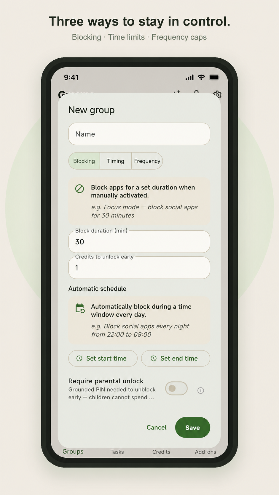 New group form with Blocking, Timing and Frequency tabs